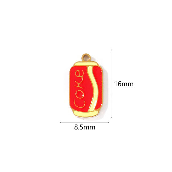 Picture of 2 PCs PVD 304 Stainless Steel Charms Wholesale 18K Gold Plated Red & Yellow Coke Enamel 16mm x 8.5mm