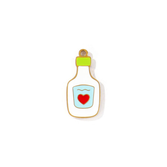 Picture of 2 PCs PVD 304 Stainless Steel Charms Wholesale 18K Gold Plated White Wine Bottle Enamel 18mm x 9mm