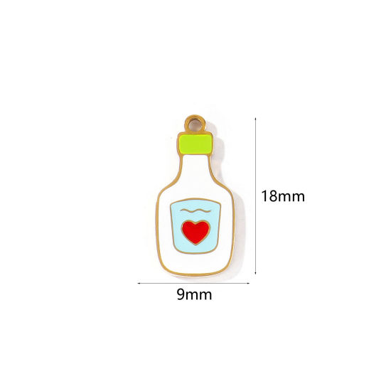 Picture of 2 PCs PVD 304 Stainless Steel Charms Wholesale 18K Gold Plated White Wine Bottle Enamel 18mm x 9mm