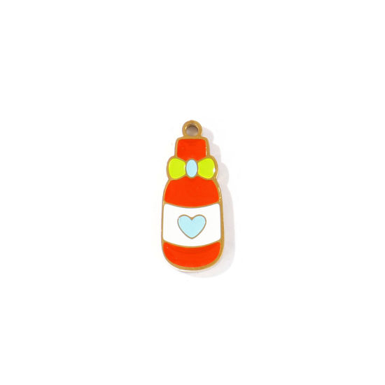 Picture of 2 PCs PVD 304 Stainless Steel Charms Wholesale 18K Gold Plated Red Wine Bottle Enamel 18mm x 7.5mm