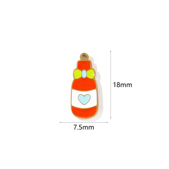 Picture of 2 PCs PVD 304 Stainless Steel Charms Wholesale 18K Gold Plated Red Wine Bottle Enamel 18mm x 7.5mm