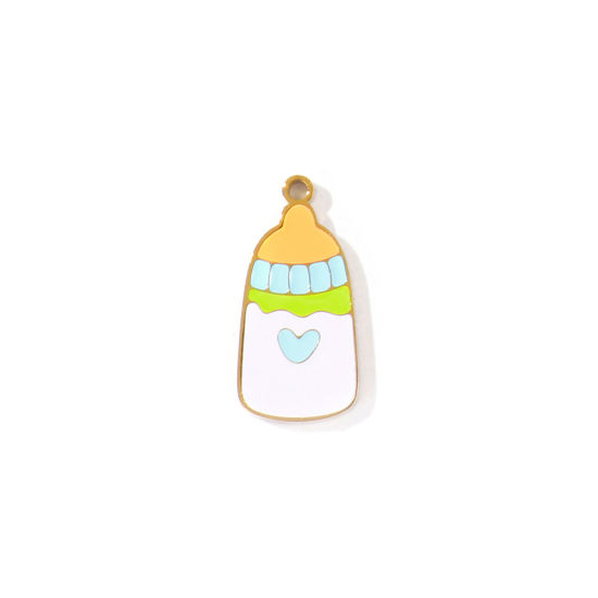 Picture of 2 PCs PVD 304 Stainless Steel Charms Wholesale 18K Gold Plated Multicolor Milk Bottle Enamel 18mm x 9mm