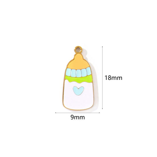 Picture of 2 PCs PVD 304 Stainless Steel Charms Wholesale 18K Gold Plated Multicolor Milk Bottle Enamel 18mm x 9mm