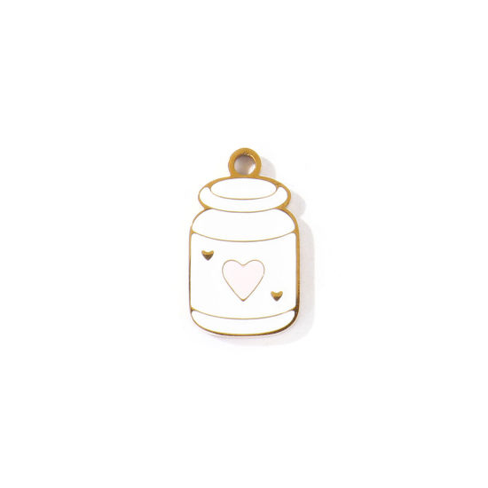 Picture of 2 PCs PVD 304 Stainless Steel Charms Wholesale 18K Gold Plated White Jar Enamel 16mm x 9.5mm