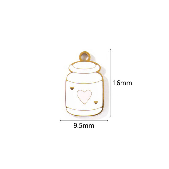 Picture of 2 PCs PVD 304 Stainless Steel Charms Wholesale 18K Gold Plated White Jar Enamel 16mm x 9.5mm