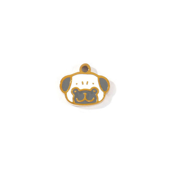 Imagen de 2 Unidades PVD 304 Acero Inoxidable Colgantes Al Por Mayor Chapado en Oro de 18K Blanco & Gris Esmalte Perro Mini 10mm x 8.5mm
