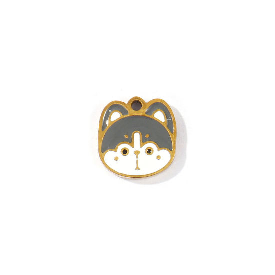 Imagen de 2 Unidades PVD 304 Acero Inoxidable Colgantes Al Por Mayor Chapado en Oro de 18K Blanco & Gris Esmalte Perro Mini 10mm x 10mm