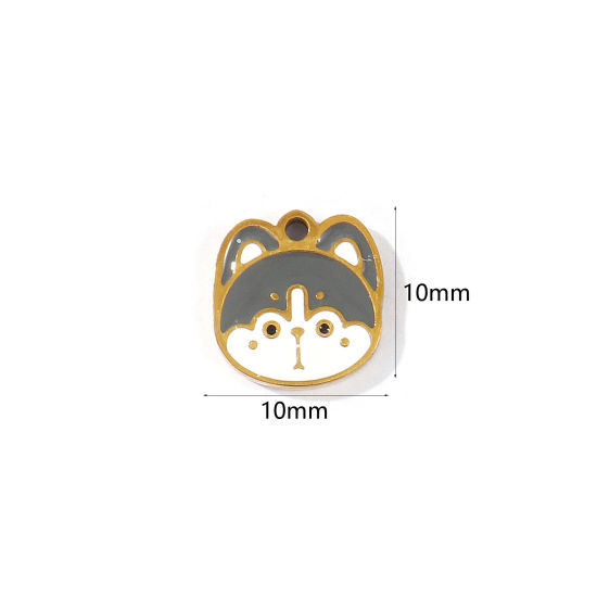 Imagen de 2 Unidades PVD 304 Acero Inoxidable Colgantes Al Por Mayor Chapado en Oro de 18K Blanco & Gris Esmalte Perro Mini 10mm x 10mm