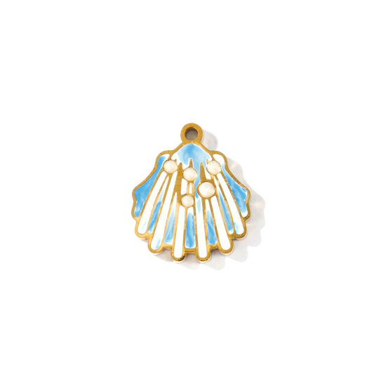 Picture of 2 PCs PVD 304 Stainless Steel Charms Wholesale 18K Gold Plated White & Blue Shell Enamel 15mm x 13mm