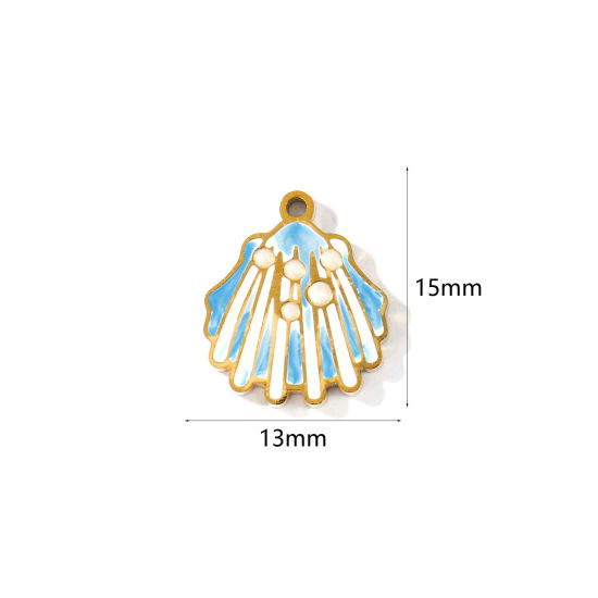 Picture of 2 PCs PVD 304 Stainless Steel Charms Wholesale 18K Gold Plated White & Blue Shell Enamel 15mm x 13mm