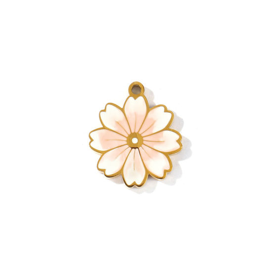 Picture of 2 PCs PVD 304 Stainless Steel Charms Wholesale 18K Gold Plated White & Pink Sakura Flower Enamel 18mm x 16mm