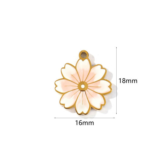 Picture of 2 PCs PVD 304 Stainless Steel Charms Wholesale 18K Gold Plated White & Pink Sakura Flower Enamel 18mm x 16mm