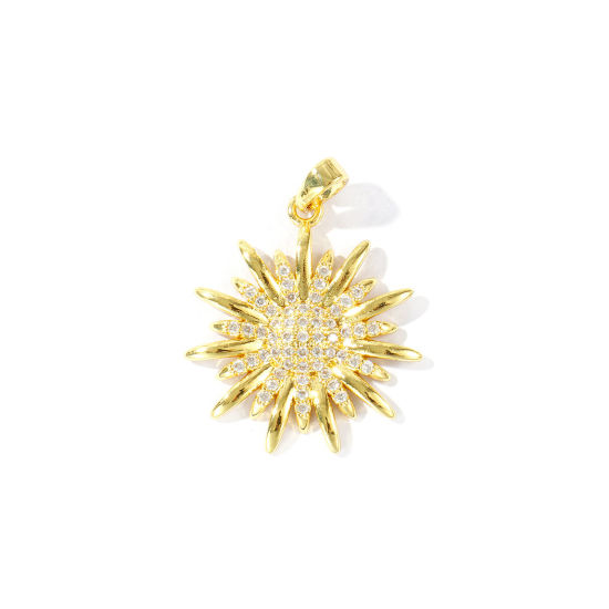 Immagine di 2 Pz Ottone Ciondoli Pendenti All'Ingrosso Placcato Oro 18K Girasole Micro Spianare Trasparente Cubic Zirconiae 28mm x 22mm