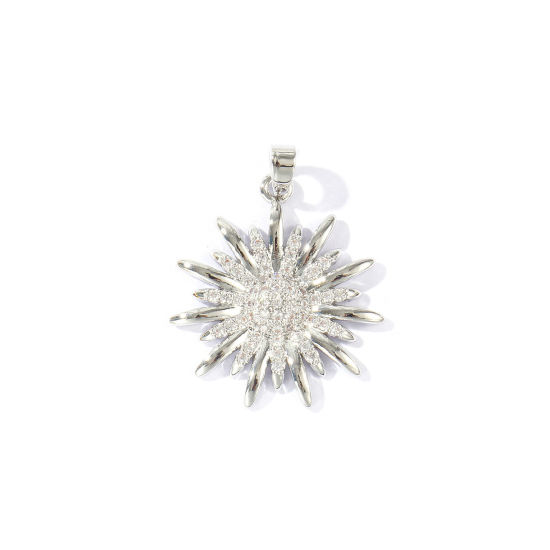 Immagine di 2 Pz Ottone Ciondoli Pendenti All'Ingrosso Platino Placcato Girasole Micro Spianare Trasparente Cubic Zirconiae 28mm x 22mm