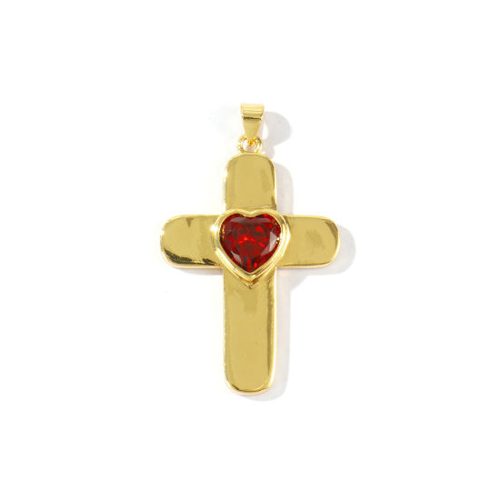 Image de 1 Pièce Pendentifs En Gros Religieux Respectueux de la Nature en Laiton Plaqué Or Véritable 18K Croix Cœur à Zircone Cubique Rouge 4.2cm x 2.6cm