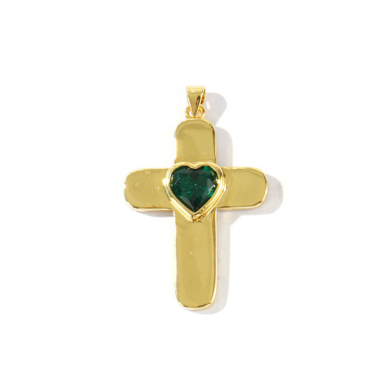 Image de 1 Pièce Pendentifs En Gros Religieux Respectueux de la Nature en Laiton Plaqué Or Véritable 18K Croix Cœur à Zircone Cubique Vert 4.2cm x 2.6cm