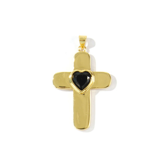Image de 1 Pièce Pendentifs En Gros Religieux Respectueux de la Nature en Laiton Plaqué Or Véritable 18K Croix Cœur à Zircone Cubique Noir 4.2cm x 2.6cm