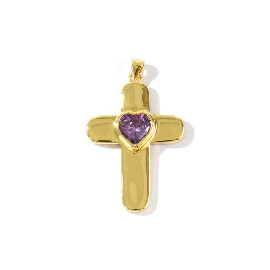Image de 1 Pièce Pendentifs En Gros Religieux Respectueux de la Nature en Laiton Plaqué Or Véritable 18K Croix Cœur à Zircone Cubique Pourpre 4.2cm x 2.6cm