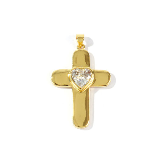 Image de 1 Pièce Pendentifs En Gros Religieux Respectueux de la Nature en Laiton Plaqué Or Véritable 18K Croix Cœur à Zircone Cubique Clair 4.2cm x 2.6cm