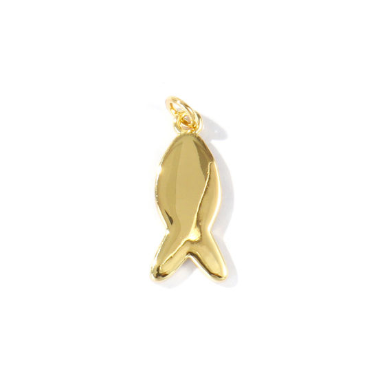 Picture of 1 Piece Eco-friendly Brass Ocean Jewelry Charms Wholesale 18K Real Gold Plated Fish Animal Smooth Blank 25mm x 10mm