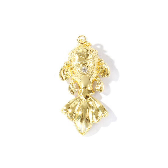 Picture of 1 Piece Eco-friendly Brass Ocean Jewelry Pendants Wholesale 18K Real Gold Plated Goldfish Movable Clear Cubic Zirconia 4cm x 1.9cm