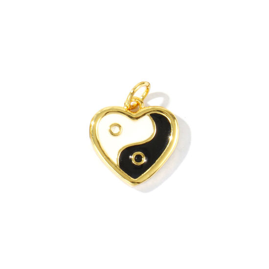 Image de 2 Pcs Breloques En Gros Religieux Respectueux de la Nature en Laiton Plaqué Or Véritable 18K Noir & Blanc Émail Cœur Symbole du Yin Yang 17mm x 13mm