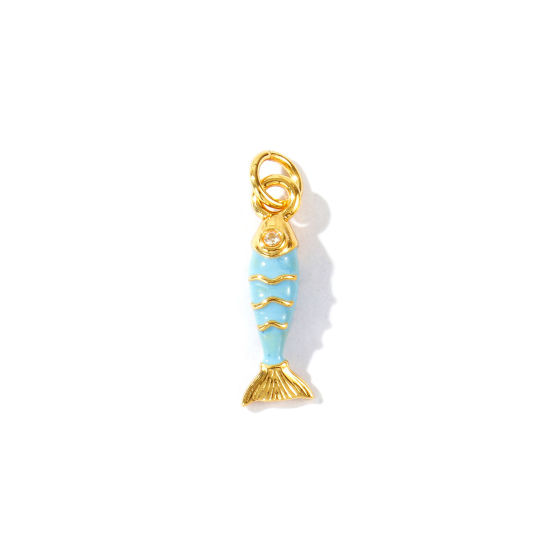 Image de 2 Pcs Breloques En Gros Bijoux d'Océan Respectueux de la Nature en Laiton Plaqué Or Véritable 18K Bleu Émail Poisson 3D à Zircone Cubique Clair 21mm x 6mm
