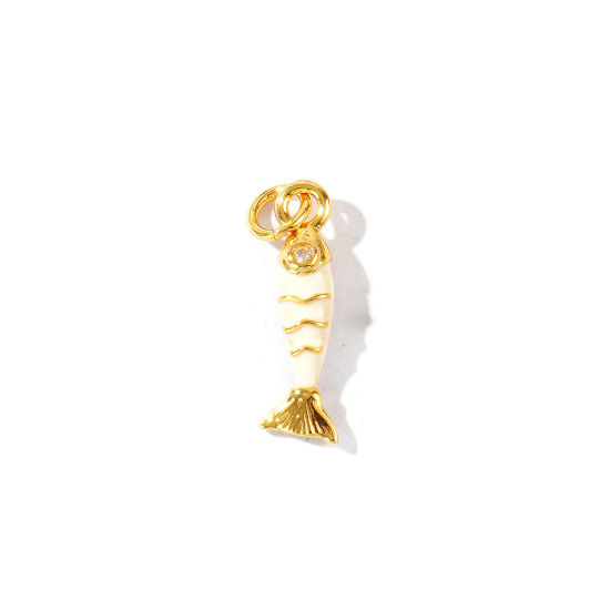 Image de 2 Pcs Breloques En Gros Bijoux d'Océan Respectueux de la Nature en Laiton Plaqué Or Véritable 18K Blanc Émail Poisson 3D à Zircone Cubique Clair 21mm x 6mm
