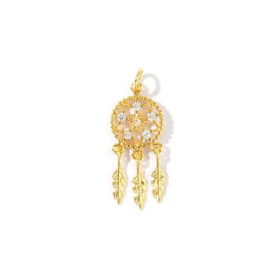 Image de 2 Pcs Breloques En Gros Respectueux de la Nature en Laiton Plaqué Or Véritable 18K Attrapeur de Rêves Micro Pave à Zircone Cubique Clair 25mm x 9mm