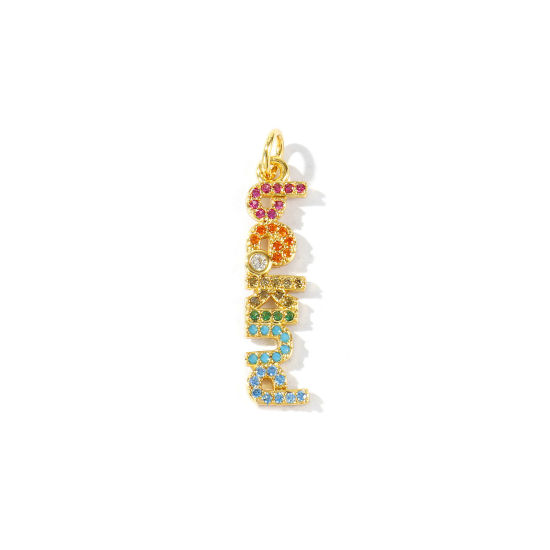 Image de 2 Pcs Breloques En Gros Énergie Positive Respectueux de la Nature en Laiton Plaqué Or Véritable 18K Message " BE KIND " Micro Pave à Zircone Cubique Multicolore 28mm x 6mm
