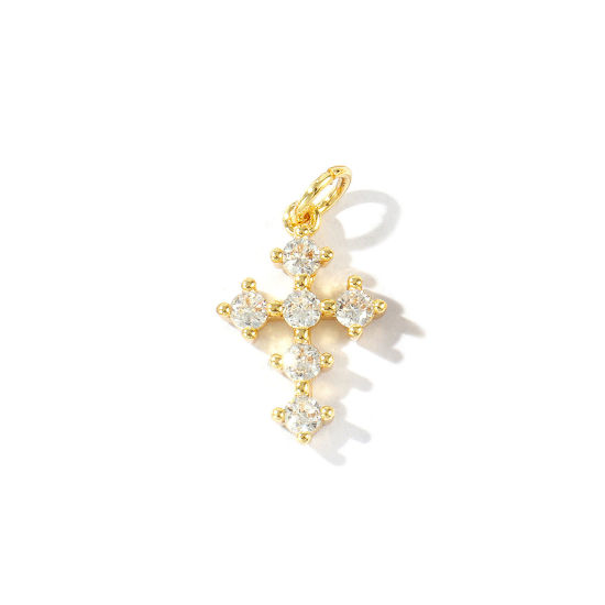 Image de 2 Pcs Breloques En Gros Religieux Respectueux de la Nature en Laiton Plaqué Or Véritable 18K Croix Micro Pave à Zircone Cubique Clair 20mm x 11mm