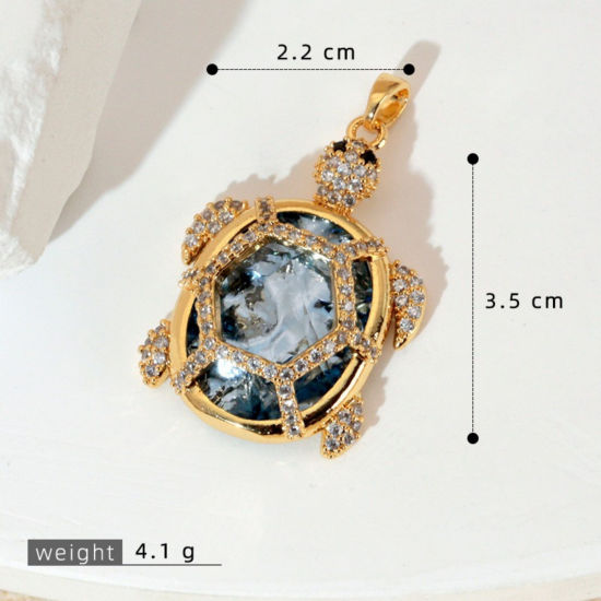 Image de 1 Pièce Pendentifs En Gros Bijoux d'Océan en Laiton Plaqué Or 18K Tortue de Mer à Zircone Cubique Clair & Noir 3.5cm x 2.2cm