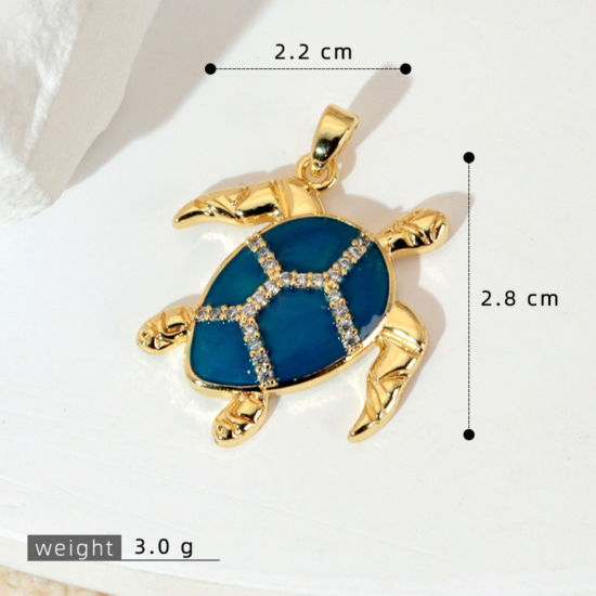 Image de 1 Pièce Pendentif Breloque En Gros Bijoux d'Océan en Laiton Plaqué Or 18K Bleu Tortue de Mer Émail à Zircone Cubique Clair 28mm x 22mm