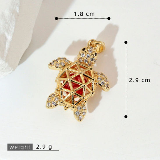 Image de 1 Pièce Pendentif Breloque En Gros Bijoux d'Océan en Laiton Plaqué Or 18K Tortue de Mer à Strass Rose à Zircone Cubique Clair 29mm x 18mm