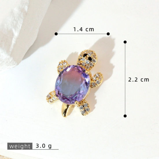 Image de 1 Pièce Pendentif Breloque En Gros Bijoux d'Océan en Laiton Plaqué Or 18K Tortue de Mer à Strass Pourpre à Zircone Cubique Clair 22mm x 14mm