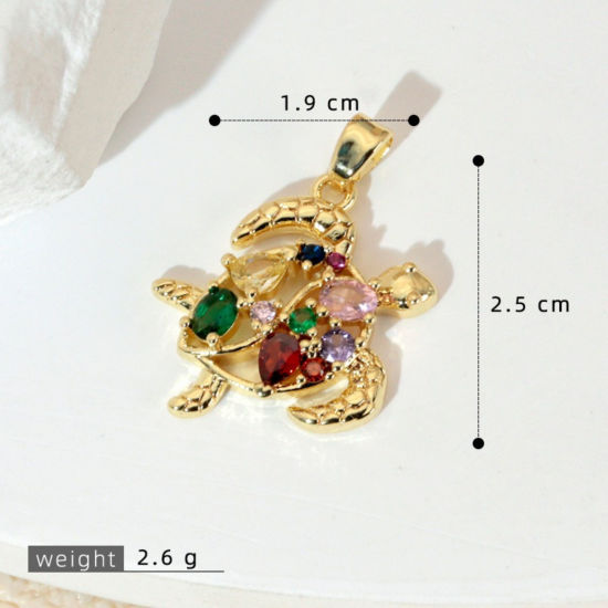 Image de 1 Pièce Pendentif Breloque En Gros Bijoux d'Océan en Laiton Plaqué Or 18K Tortue de Mer à Zircone Cubique Multicolore 25mm x 19mm