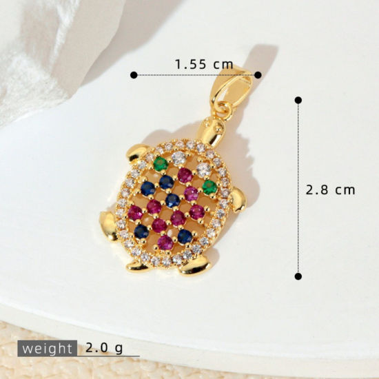 Image de 1 Pièce Pendentif Breloque En Gros Bijoux d'Océan en Laiton Plaqué Or 18K Tortue de Mer à Zircone Cubique Multicolore 28mm x 16mm