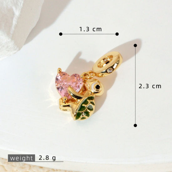 Image de 1 Pièce Perles de Charme Pendantes pour la Fabrication de Bijoux de Bracelet et de Collier En Gros au Style Européen en Laiton Plaqué Or 18K Tortue de Mer à Strass Rose 23mm x 13mm