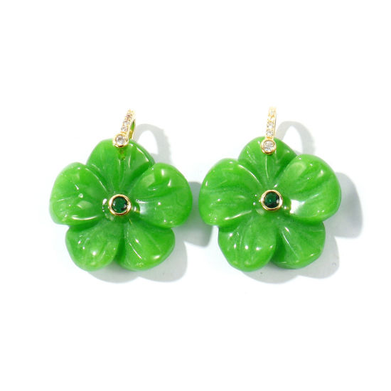 Bild von 1 Stück Edelstein & Messing Charms Großhandel 18K Vergoldet Dunkelgrün Blumen Grün Kubischer Zirkon 29mm x 25mm