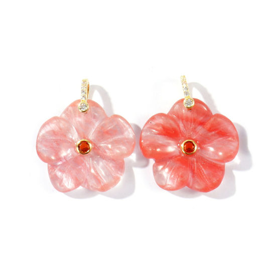 Bild von 1 Stück Edelstein & Messing Charms Großhandel 18K Vergoldet Rot Blumen Braun Kubischer Zirkon 29mm x 25mm