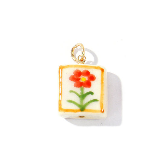 Picture of 2 PCs Ceramic & Brass Charms Wholesale 18K Gold Plated Multicolor Rectangle Flower Double Sided 25mm x 16mm