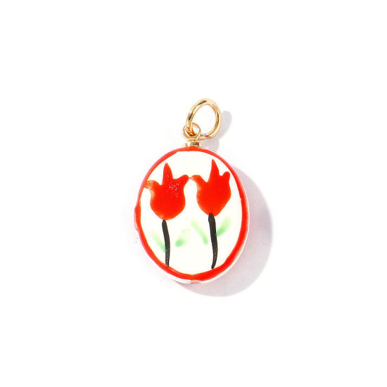 Picture of 2 PCs Ceramic & Brass Charms Wholesale 18K Gold Plated Multicolor Oval Flower Double Sided 28mm x 16mm