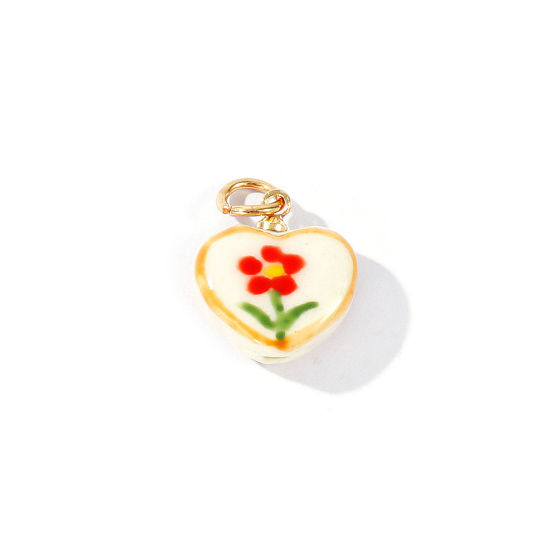 Picture of 2 PCs Ceramic & Brass Charms Wholesale 18K Gold Plated Multicolor Heart Flower Double Sided 20mm x 15mm