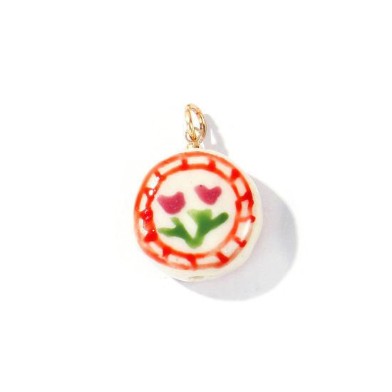 Picture of 2 PCs Ceramic & Brass Charms Wholesale 18K Gold Plated Multicolor Round Flower Double Sided 28mm x 20mm