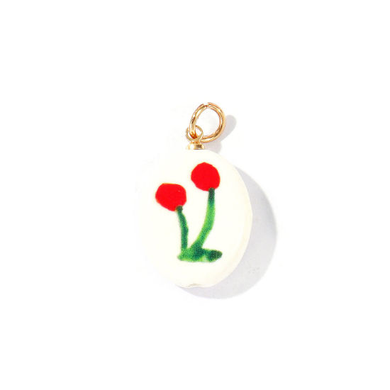 Picture of 2 PCs Ceramic & Brass Charms Wholesale 18K Gold Plated Multicolor Oval Flower Double Sided 29mm x 16.5mm