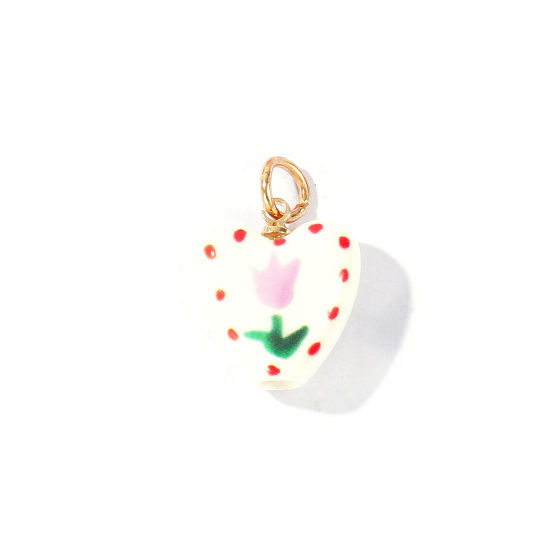 Picture of 2 PCs Ceramic & Brass Charms Wholesale 18K Gold Plated Multicolor Heart Flower Double Sided 22mm x 15mm
