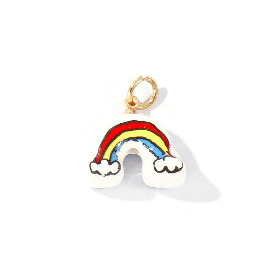 Picture of 2 PCs Ceramic & Brass Weather Collection Charms Wholesale 18K Gold Plated Multicolor Rainbow Double Sided 21mm x 18mm