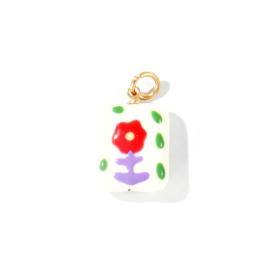 Picture of 2 PCs Ceramic & Brass Charms Wholesale 18K Gold Plated Multicolor Rectangle Flower Double Sided 26mm x 15mm