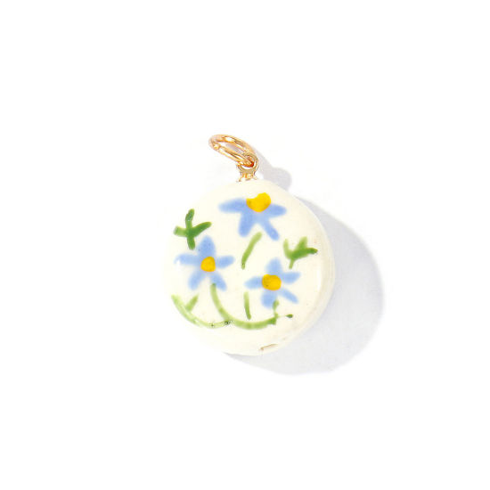 Picture of 2 PCs Ceramic & Brass Charms Wholesale 18K Gold Plated Multicolor Round Flower Double Sided 28mm x 20mm