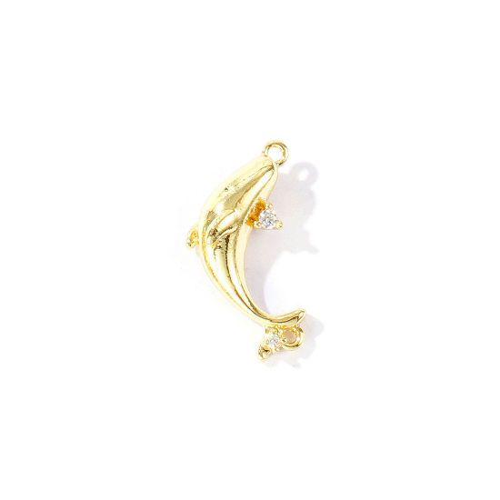 Bild von 2 Stück Umweltfreundlich Messing Ozean Schmuck Steckverbinder Charms Anhänger Großhandel 18K Echtgold plattiert Wal 3D Klar Kubischer Zirkon 20mm x 10mm